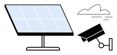 Güneş paneli ve güvenlik kamerası temiz bir gökyüzüne karşı. Teknoloji, enerji verimliliği, güvenlik, ekolojik çözümler, yenilik, yenilenebilir enerji ve sürdürülebilirlik için ideal. Basit bir daire.