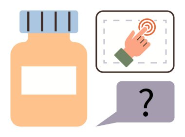 İlaç şişesi, dokunmatik bir jestin yanında bir hedef ve soru cümlesi balonu. Sağlık, tercihler, belirsizlik, iletişim, navigasyon, teknoloji ve eğitim için ideal. Basit düz metafor