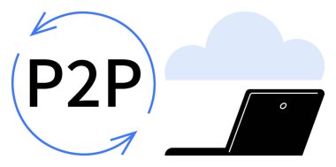 Dizüstü ve bulutun yanında okları olan dairesel P2P metni dijital paylaşımı vurguluyor. Teknoloji, ağ oluşturma, bulut hesaplama, dosya aktarımı, iletişim, işbirliği, basit daire