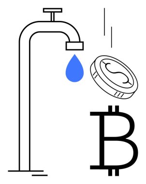Mavi su damlası, bozuk para ve Bitcoin simgesi salınımı kripto para likiditesi, pasif gelir ve kaynakları sembolize eder. Finans, engelleme zinciri, yatırım, madencilik, ekonomi yeniliği için ideal