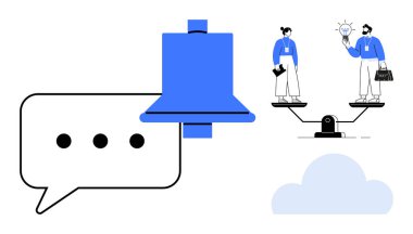 Mesaj baloncuğu içinde çan, iş adamları tartışıyor fikirleri tartışıyor, altta bulut var. İletişim, takım çalışması, karar verme, yaratıcılık, eşitlik, bildirimler ve yenilik için ideal