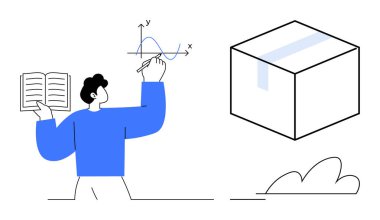 Konseptler için açık kitap çizimi, grafik ve kutu tasviri olan kişi analizi, eğitimi, planlamayı, lojistiği, tedarik zincirini, yaratıcılığı, öğrenmeyi destekler. Basit bir düz metafor.