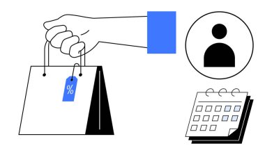 İndirim etiketli el çantası, kullanıcı profili simgesi ve takvim. Perakende satış, indirim, e-ticaret, alışveriş, tüketici davranışlarını düzenleyen promosyonlar için ideal. En az düz metafor