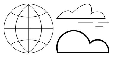 Boylam-enlem çizgilerine, basit bulutlara ve minimalist rüzgar çizgilerine sahip dünya küresel iletişimi, sürdürülebilirliği, çevresel farkındalığı simgeler. İklim değişikliği, seyahat ve uluslararası için ideal