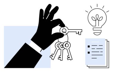 Silüet el, parlayan bir ampul ve belge listesinin yanında anahtarları tutuyor. Başarı, fırsat, ilham, strateji, problem çözme, karar verme, liderlik için ideal. Basit düz metafor