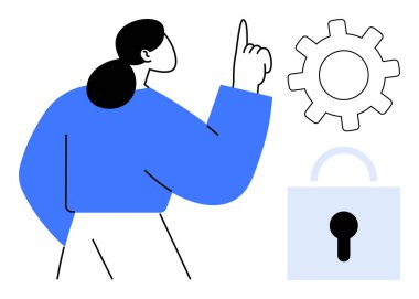 Yakınlarda bir kadın teçhizat ve asma kilitle elini kaldırıyor. Güvenlik, gizlilik, sistem ayarları, bilişim, uyum, teknoloji, dijital güvenlik için ideal. Temiz ve basit düz metafor