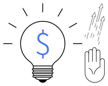 Dolar işaretli ampul karlı fikirleri simgeliyor. Risk kontrolü için el durduran oklar. Finans, yenilik, iş, çözümler, kâr, strateji girişimi için ideal. Basit düz metafor