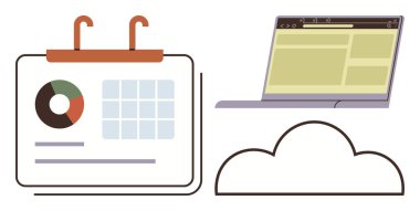 Analiz çizelgesi, dizüstü bilgisayar tarayıcısı ve bulut ögesi ile takvim. Proje yönetimi, takım çalışması, bulut depolama, dijital zamanlama, iş analizleri, uzaktan çalışma modern iş akışı için ideal