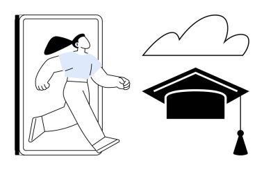 Akıllı telefondan mezuniyet şapkası ve bulutuna doğru yürüyen kadın, çevrimiçi öğrenme, dijital eğitim, kariyer büyümesi, yenilik, arzu, başarı ve modern teknolojiyi temsil ediyor. Basit.