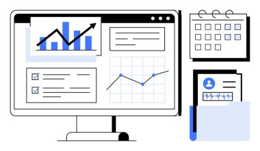 Bilgisayar monitörü bar tablosunu, büyüme grafiğini ve kontrol listelerini gösteriyor. Yakın takvim ve klasör planlama, ilerleme ve organizasyonu iletir. Analiz, üretkenlik, strateji planlaması için ideal
