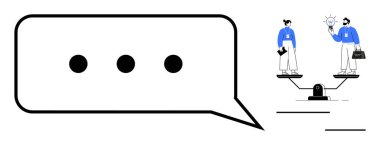 Elipsli konuşma balonu ve iki profesyonel denge ölçeğinde fikirleri paylaşıyorlar. Takım çalışması, karar verme, iletişim, eşitlik, müzakere, iş ahlakı için ideal. Basit bir daire.