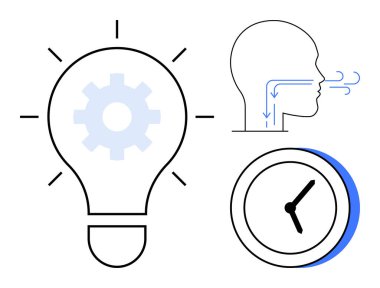 Teçhizatlı ampul, hava akışı çizgileri olan insan kafası ve analog saat. Yaratıcılık, zaman yönetimi, yenilik, problem çözme, eleştirel düşünce üretkenliği beyin fırtınası için idealdir. Basit düz