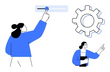 Meslektaşlar ayarları ayarlamak ve sürgülü ve dişli görsellerle süreçleri optimize etmek için takım çalışmasına girerler. Konseptler için ideal yenilik, takım çalışması, teknoloji, süreç, optimizasyon, yönetim