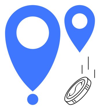 İki mavi lokasyon iğnesi ve düşen bir bozuk para konum hizmetlerini, finansal operasyonları ve jeo-temelli ticareti sembolize eder. Navigasyon, fintech, yatırımlar, işletmeler, teknoloji girişimleri ve ekonomi için ideal