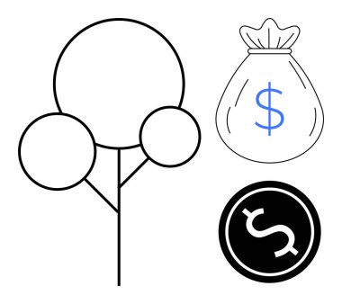 Çemberleri büyümeyi, para çantasını ve maddi ilerlemeyi ve zenginliği temsil eden dolar parasını temsil eden bir ağaç. Tasarruf, yatırım, kâr, büyüme, iş ve sürdürülebilirlik için ideal