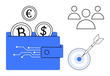Cüzdanında Bitcoin, Dollar, oklu oklu Euro paraları var. Finans, kripto para birimi, yatırım, hedefler, kamu pazarlama tasarruf kavramları için idealdir. Basit düz metafor