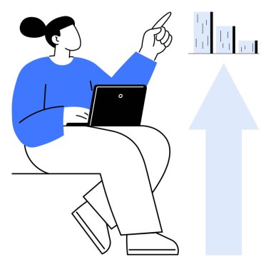 Dizüstü bilgisayarı olan kişi artan bar çizelgesine işaret ediyor ve yanında yukarı doğru bir ok var. Ticari büyüme, veri analizi, strateji, üretkenlik, planlama, başarı, basit düz metafor