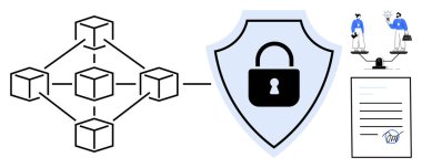 Güvenlik kalkanına bağlı blok zinciri yapısı, imzalı yasal belge, bireylerle ölçek. Veri güvenliği için ideal, engelleme teknolojisi, yasal uyum, güven, şeffaflık, etik