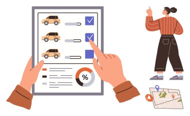 Tablet ekranda araba tercihleri, kutular, analitik çizelgeler var. İleriyi gösteren kişi. Navigasyon haritası. Karar verme, teknoloji, ulaşım, veri analiz planlama için ideal