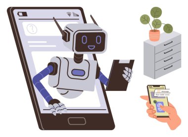 Pano sahibi robot akıllı telefondan çıkıyor, bağlı aygıtta kullanıcıya yardımcı oluyor. Yapay zeka, sohbet robotu, otomasyon, müşteri desteği, sanal yardım, dijital dönüşüm yeniliği için ideal. Basit düz
