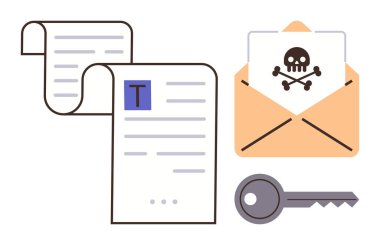 Siber güvenliği temsil eden ve tehlike simgesi içeren açık bir e-postaya bitişik belge ve anahtar. Veri koruması için ideal, e-posta ihlali, dolandırıcılık, korsanlık, çevrimiçi mahremiyet, hack önleme, basit düz