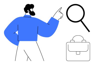 Mavili kişi yanında evrak çantası olan büyüteçleri işaret ediyor. İş arama, kariyer keşfi, yönetim, adam toplama, büyüme, fırsat, basit düz metafor