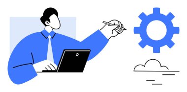 İş dünyasından profesyoneller dizüstü bilgisayar ve kalem kullanırken, yenilik, işbirliği, yaratıcılık, teknoloji, süreç geliştirme, takım çalışması ve çözüm güdümünü sembolize ediyorlar.