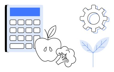 Taze elma, brokoli, dişli ve yapraklı hesap makinesi sağlık, sürdürülebilirlik ve verimlilik temalarını birleştirir. Sağlık, eko-bilinç, üretkenlik tarım gıda ekonomisi için ideal