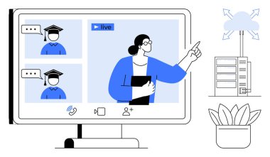 Online bir sınıfta öğrencilere sunum yapan eğitmen. Video konferans araçları, bulut depolama ve sunucu bağlantısı. E- öğrenim, uzaktan eğitim, eğitim, bulut hesaplama ve eğitim için ideal
