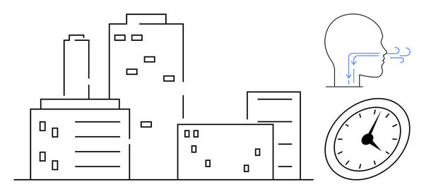 Line art of skyscrapers, airflow through respiratory system, and clock pointing to a partial hour. Ideal for urban life, pollution, environment, timing, health, sustainability simple flat metaphor