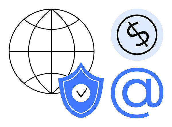 Globe, shield with checkmark, dollar sign, and email symbol representing internet security, data protection, financial transactions, communication, and global connectivity. Ideal for cybersecurity