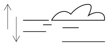 Rüzgar veya hareketi gösteren yatay çizgilerle bulut şekli ve yukarı ve aşağı yönlü değişimleri sembolize eden dikey oklar. Hava, enerji, hareket, atmosfer, veri akışı, fizik, basit düz