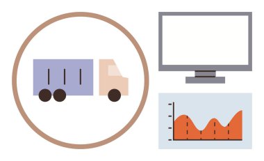 Kamyon dairesel çerçeve, veri grafiği ve bilgisayar monitörü. Lojistik, ulaşım, veri analizi, izleme, envanter yönetimi, teknoloji sistemleri için ideal basit düz metafor