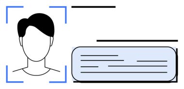 Yüz taraması, kafa silueti kullanıcı bilgi kartının yanında tespit çerçevesi içinde. Teknoloji, kimlik doğrulama, güvenlik, erişim kontrolü, profil yönetimi, yenilik, basit daire