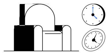 Farklı zamanları gösteren iki saatin yanında minimalist koltuk. Zaman yönetimi, üretkenlik, rahatlık, rahatlama, iş hayatı dengesi, planlama ve minimalizm için idealdir. Basit düz metafor
