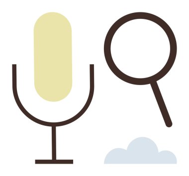 Bir mikrofonun minimalist tasviri, büyüteç ve bulut kombinasyonu ses araması, internet verileri ve keşifleri. Teknoloji, yapay zeka, arama motoru, yenilik araştırması için ideal