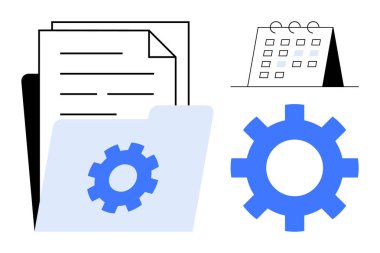 Dişli simgesi, belge yığını ve takvimi sembolize eden bir program, organizasyon ve görev optimizasyonu. Üretkenlik, iş akışı, planlama, proje yönetimi takım çalışması verileri için ideal