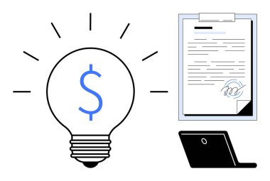 İmzalı bir belge ve dizüstü bilgisayarın yanında dolar işareti olan ampul parlıyor. Finans, yenilik, sözleşmeler, e-imza, dijital iş, girişimcilik ve yaratıcı başarı için idealdir. Basit düz