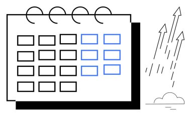Büyümeyi, planlamayı ve üretkenliği sembolize eden yukarı doğru işaretlenmiş okları olan spiral takvim. Zaman yönetimi, zamanlama, hedef belirleme, performans ve başarı için ideal