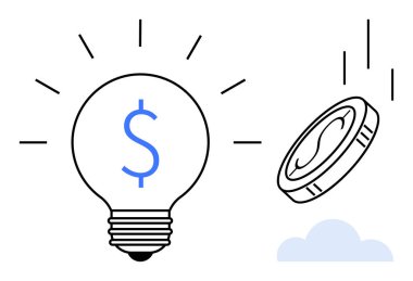 Dolar işaretli ampul ve bulutun üzerine düşen bozuk paranın yanında parlayan ışınlar. Finans, tasarruf, yenilik, yatırım, yaratıcılık, girişimcilik ve ekonomi kavramları için idealdir. Basit düz