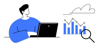 Dizüstü bilgisayarın yanında çalışan kişi, büyüteç ve bulut elementi. Veri analizi, araştırma, iş stratejisi, piyasa eğilimleri, üretkenlik takım çalışması teknolojisi için ideal. Basit düz