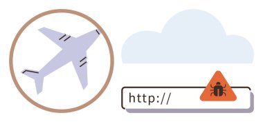 URL çubuğunda hata olan daire, bulut ve uyarı üçgeni şeklinde bir uçak simgesi dijital güvenlik tehditlerini vurgular. Siber güvenlik, havacılık güvenliği, bulut savunmasızlığı, risk analizi için ideal.