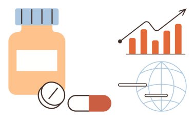 İlaç şişesi, hap ve kapsülün yanında yükselen bir bar tablosu ve dünya, küresel eczacılık eğilimlerini, sağlık piyasasındaki büyümeyi, tıbbi yeniliği, ilerlemeyi, sağlık hizmetlerini, başarıyı simgeliyor.