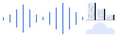 Dikey ses dalgaları bir bulut ve çubuk grafiğine bağlanır, teknolojiyi, analitiği, bulut hesaplamasını, veri işlemeyi, verimliliği, akıllı sistemleri, modern işi temsil eder. Basit düz metafor