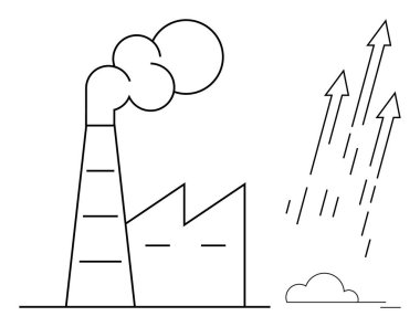 Yukarıya bakan oklarla birlikte bacadan çıkan dumanlı bir fabrika. Endüstri, büyüme, kirlilik, çevre, enerji, ekonomi, sürdürülebilirlik için ideal. En az düz metafor