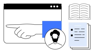 Tarayıcıda el işaretleme, kişinin simgesi, açık kitap, metin ve kontrol listesi olan belgeler. Eğitim için ideal, çevrimiçi öğrenme, rehberlik, kendi kendine öğrenme, e-öğrenme araçları basit düz öğretim platformları