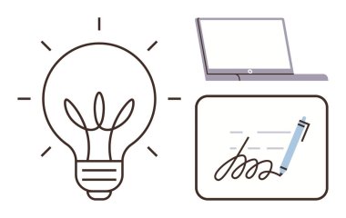 Fikirleri sembolize eden ampul, dijital aletler için bir laptop ve elektronik işlemler için imzalı bir belge. Yenilik için ideal, teknik çözümler, iş, yaratıcılık, dijital iş akışları, sözleşmeler