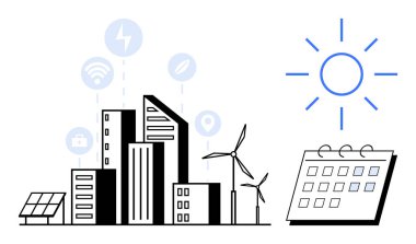 Güneş panelleri, rüzgar türbinleri, dijital bağlantı ikonları, takvim ve güneş ile kentsel ufuk çizgisi. Sürdürülebilirlik için ideal, yeşil enerji, akıllı şehirler, teknoloji planlama yeniliği