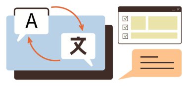 Konuşma baloncuklarındaki harfler, çeviri sürecini gösteren oklar, kontrol listesi ve metin kutusu. İletişim, öğrenme, dil, teknoloji eğitimi küreselleşme yazılımı için idealdir. Basit düz