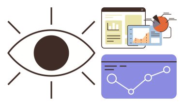 Geometrik ekranda veri gösterge panelleri, grafikler ve göz simgesi ile birlikte. Analiz, performans, izleme, vizyon, teknoloji anlayışı ve değerlendirme için ideal. Basit düz metafor